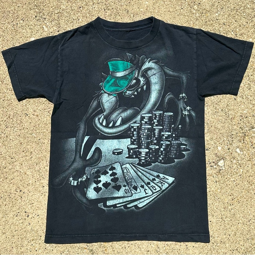 Y2K Looney Tunes Taz Poker Gangster T-shirt vintage Graphic Tee SMALL